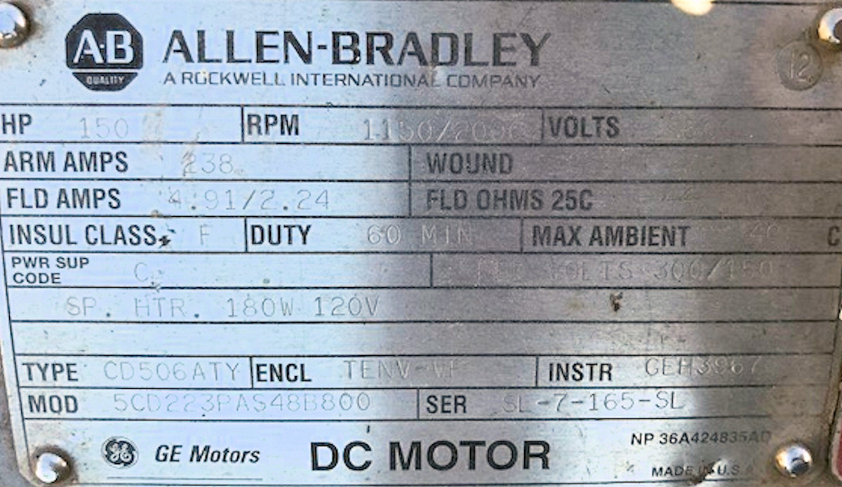 2 Units - Allen Bradley Dc Motor, 150 Hp Motors, 1150/2000 Rpm)